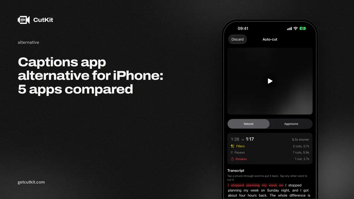 A Captions app alternative for iPhone: CutKit's auto-cut review screen with the transcript