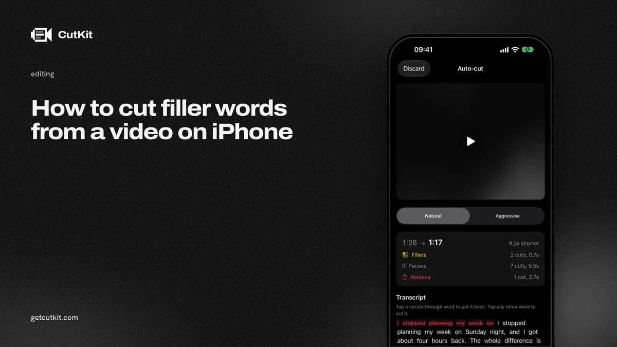Cutting filler words on iPhone: CutKit's auto-cut review screen showing fillers, pauses and retakes removed
