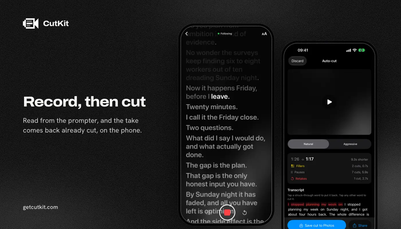 CutKit's teleprompter screen next to its auto-cut review screen on iPhone