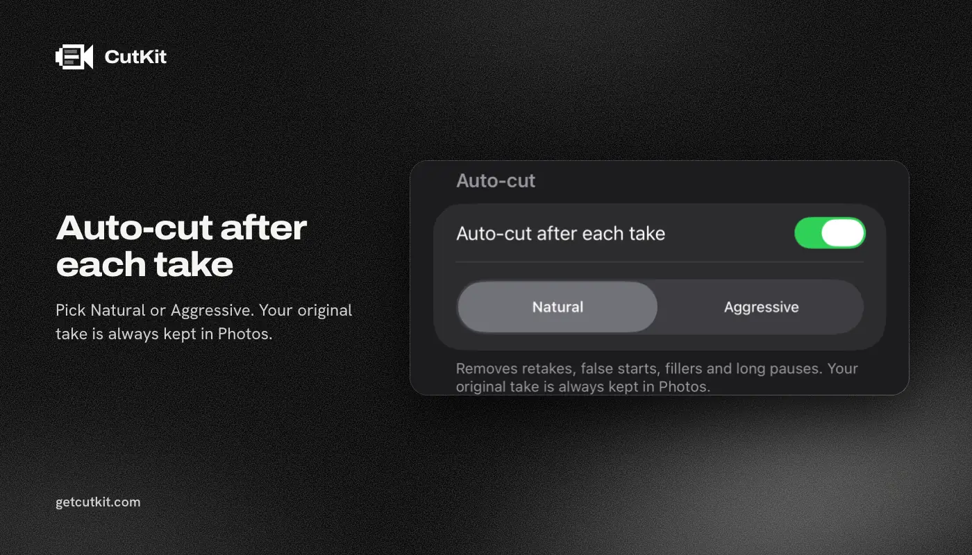 CutKit's Natural and Aggressive auto-cut pace setting on iPhone