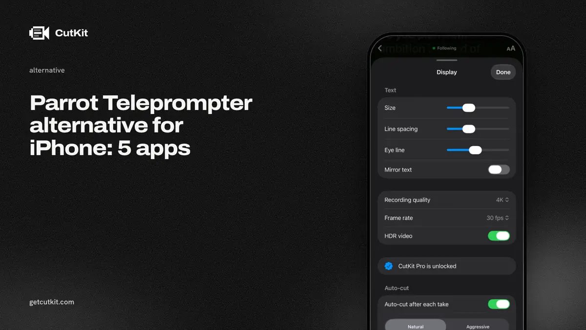 A Parrot Teleprompter alternative for iPhone: CutKit's display settings with mirror text