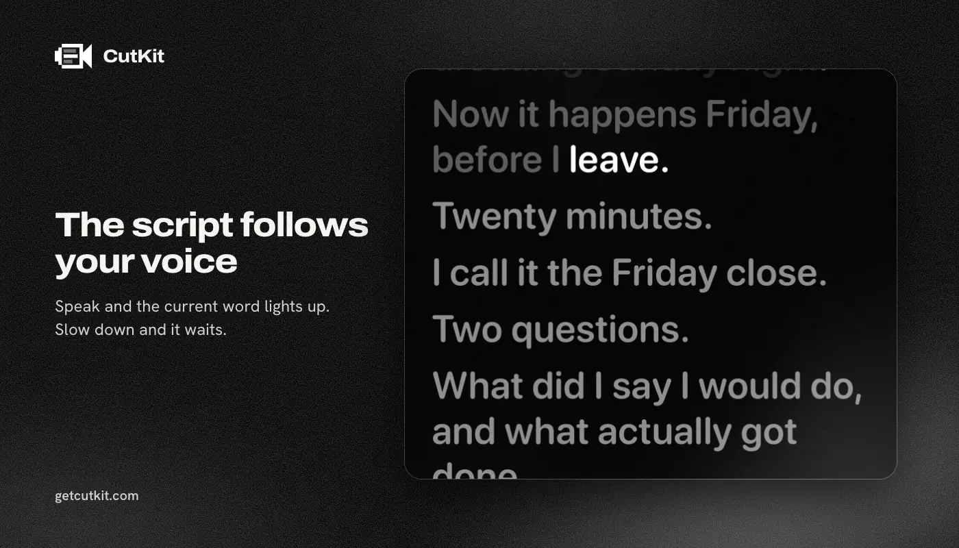 CutKit's voice-following teleprompter on iPhone, the word being read shown brightest