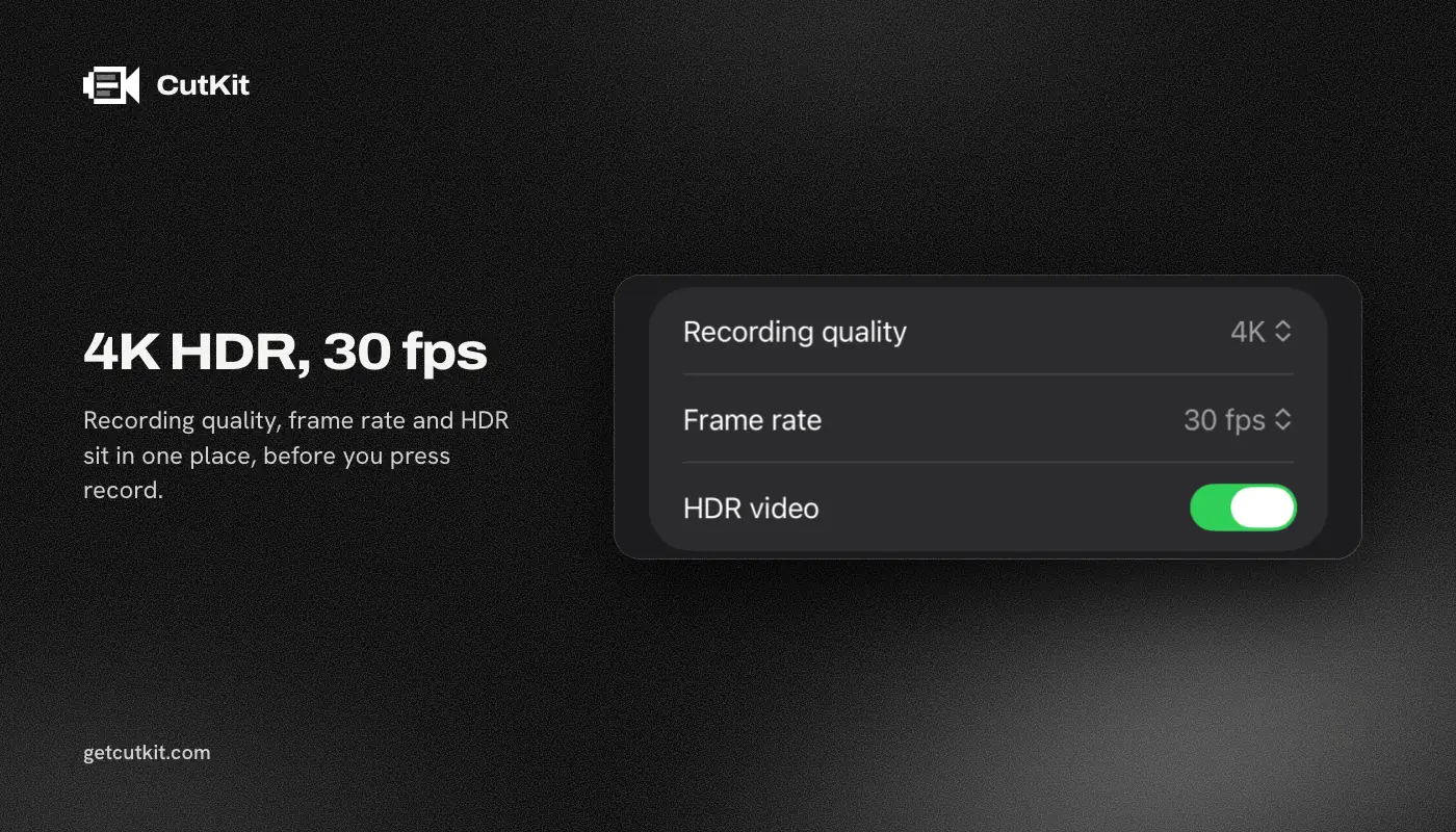 iPhone recording settings showing 4K quality, 30 fps frame rate and HDR video turned on